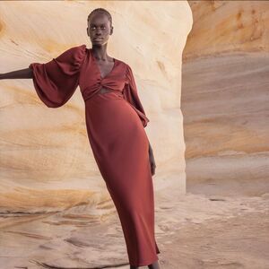 Shona Joy Luxe Twist Ballon Sleeve‎ Cut Out Midi Dress Size US 10 AU 14 Sangria